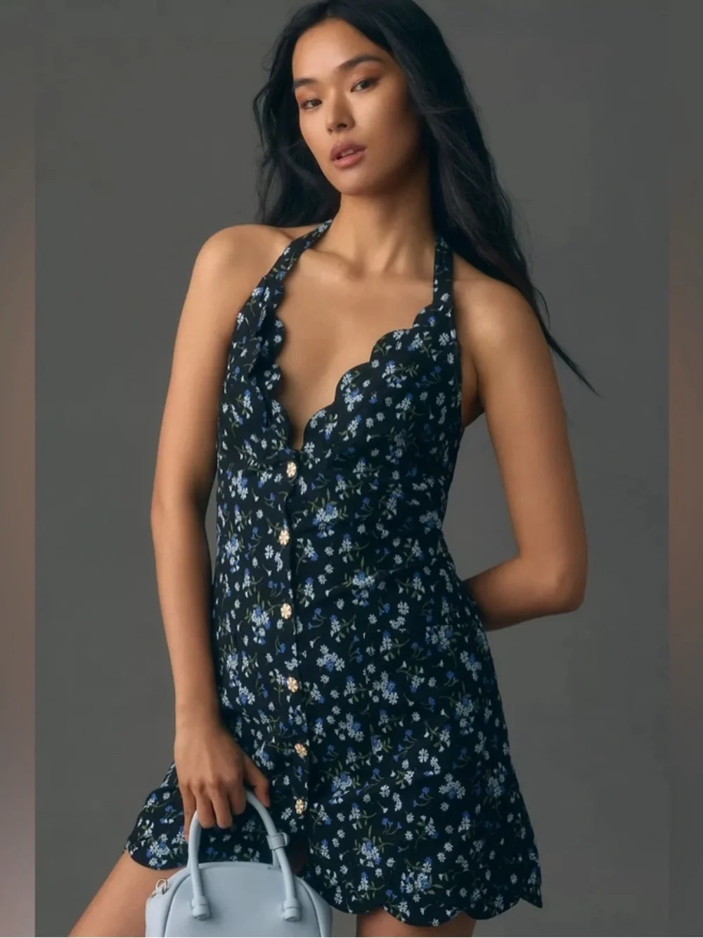 Free People Black Halter Floral Mini Dress with Blue Accents - Picture 1 of 6